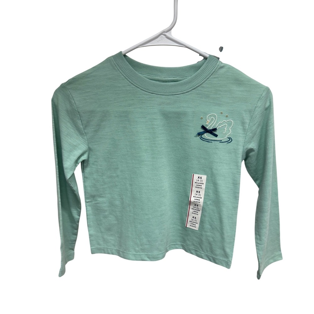 Cat & Jack Girls Mint Green Swan Embroidered Long Sleeve T-Shirt XS 4-5 NWT